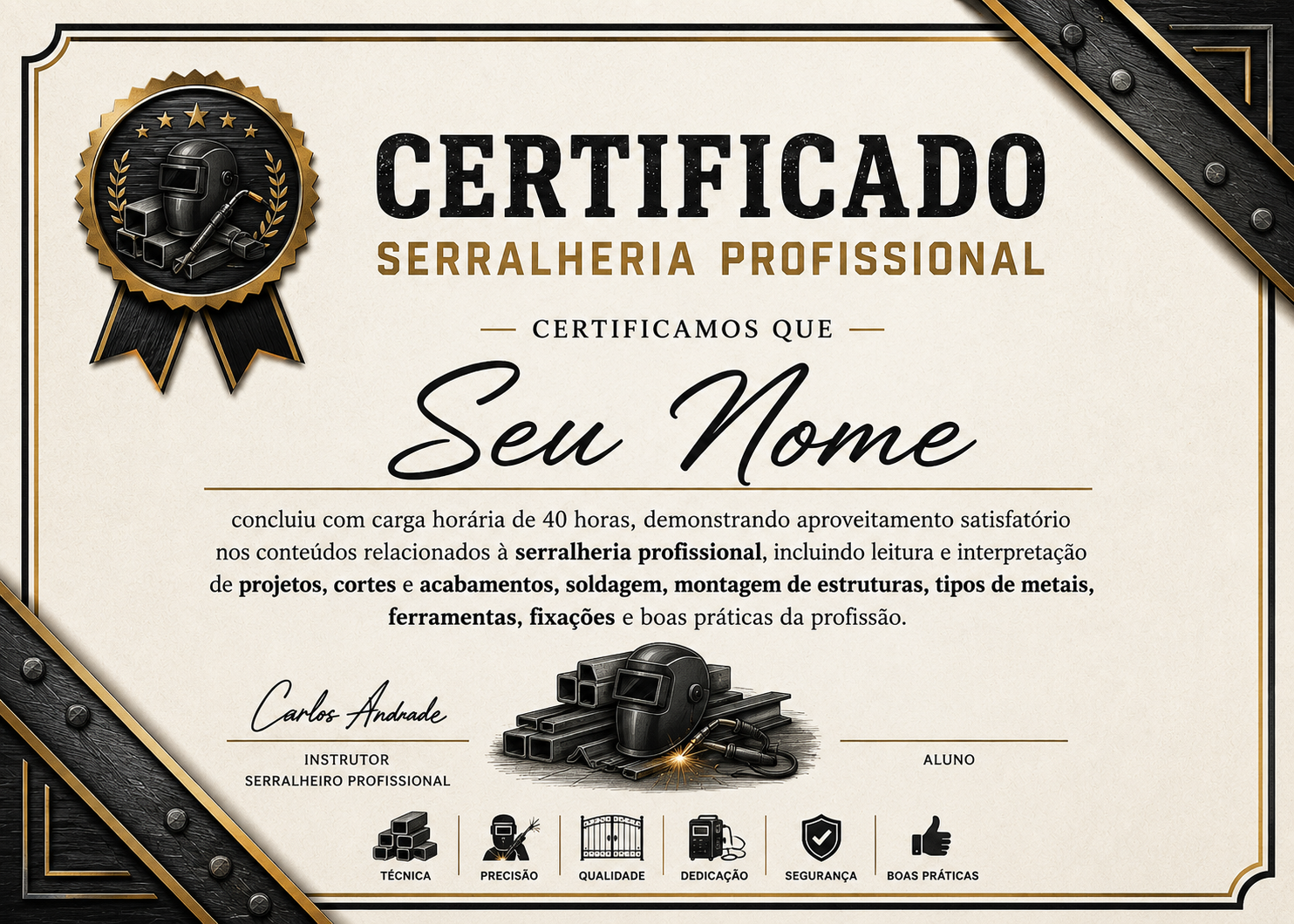 Certificado profissionalizante de Serralheria